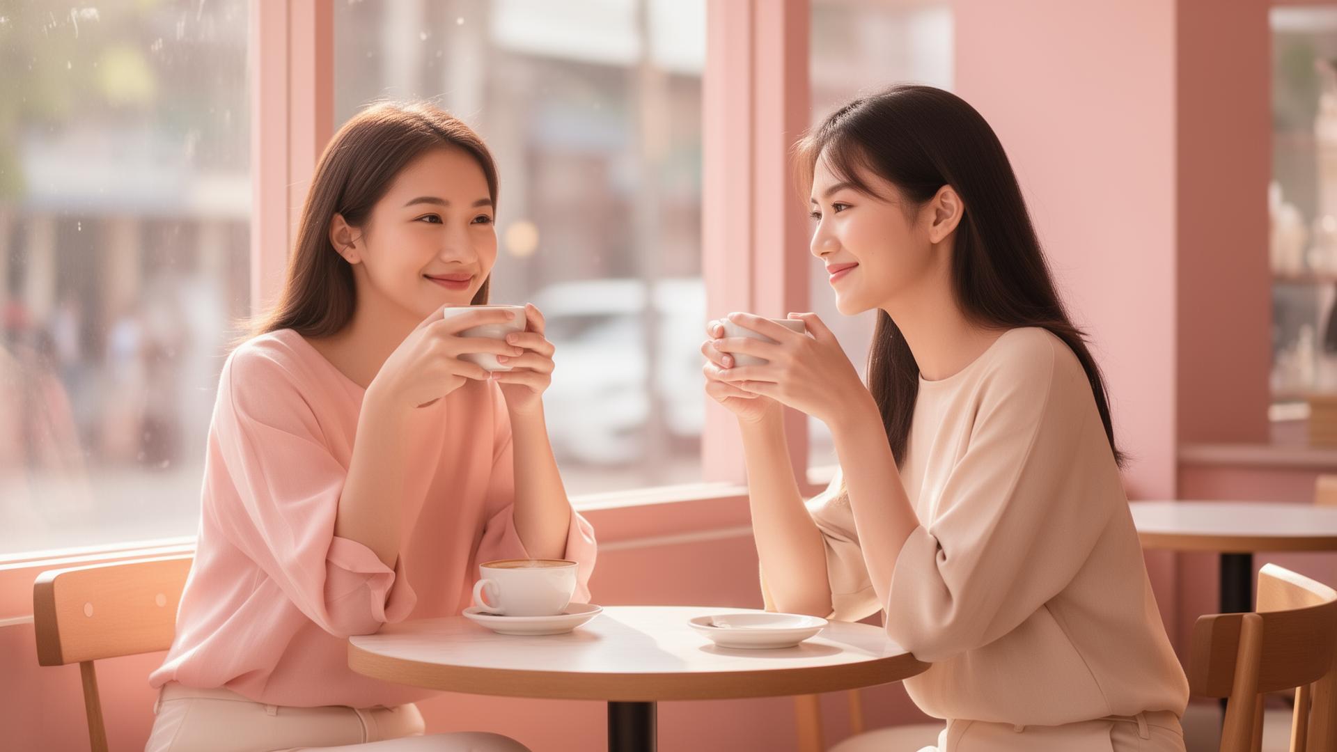 เพื่อนนั่งคาเฟ่ดื่มกาแฟด้วยกัน